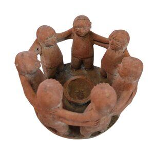 Vintage Terracotta Mayan Circle Of Friends Candle Holder Rustic Decor 10" x 7"